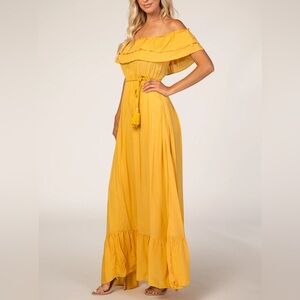Yellow Boho Off Shoulder Ruffle Maxi Dress. A line, casual, maternity, nursing